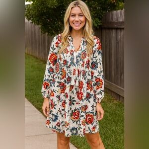 Boho Tassel-Tie Floral Swing Dress for Women Large EUC